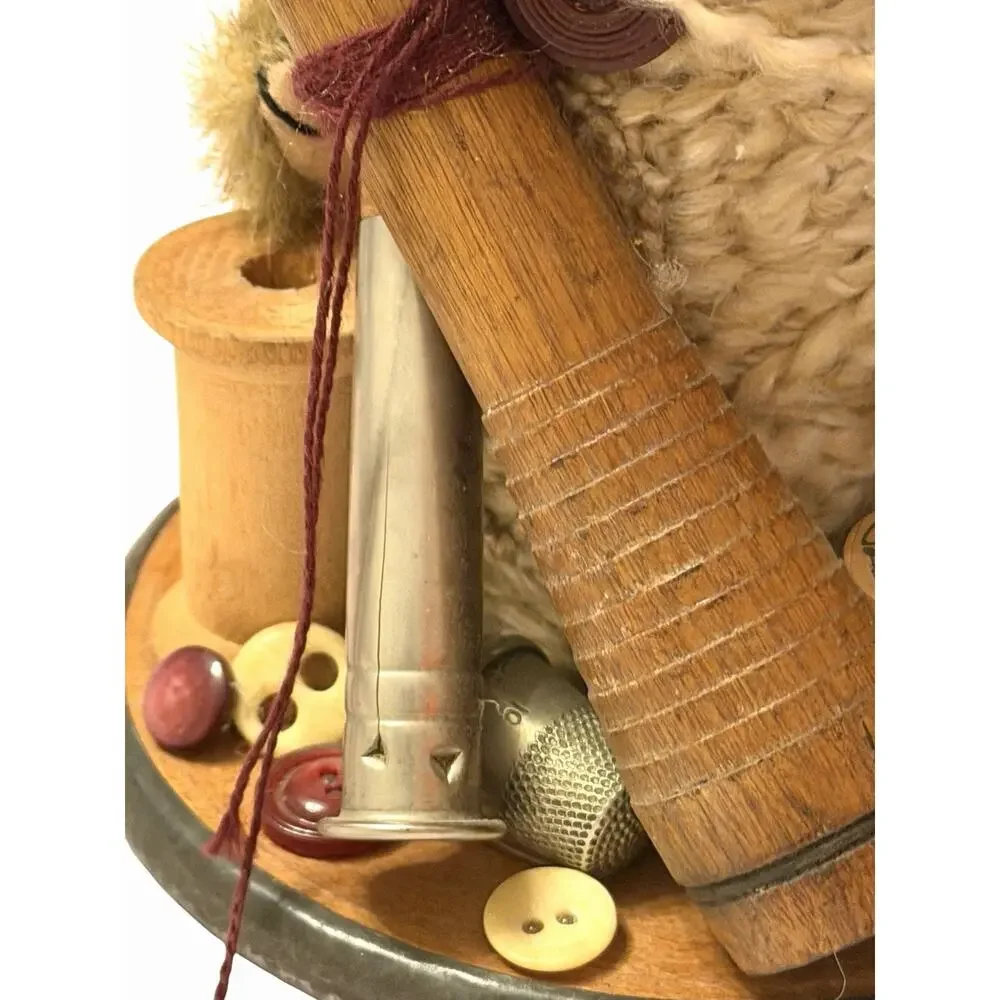 VINTAGE HANDMADE Pin Cushion With Teddy Bear Sewing Stand Spool Holder 3406-63